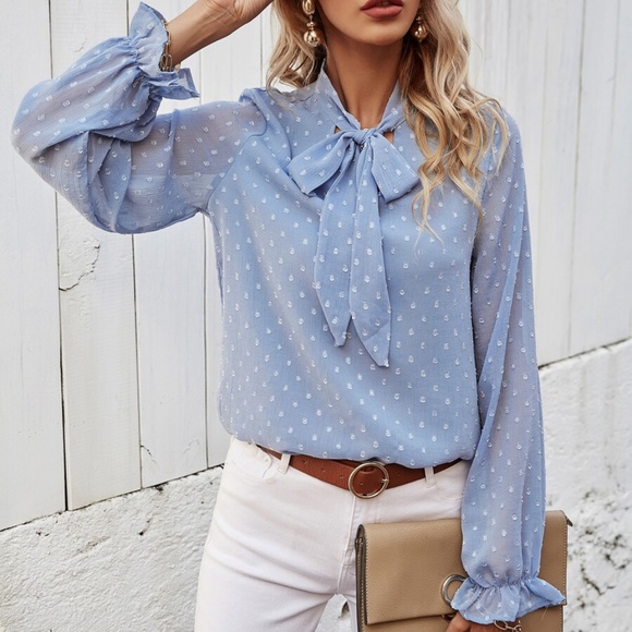 Tops - baby blue neck tie sheer ruffle top boho